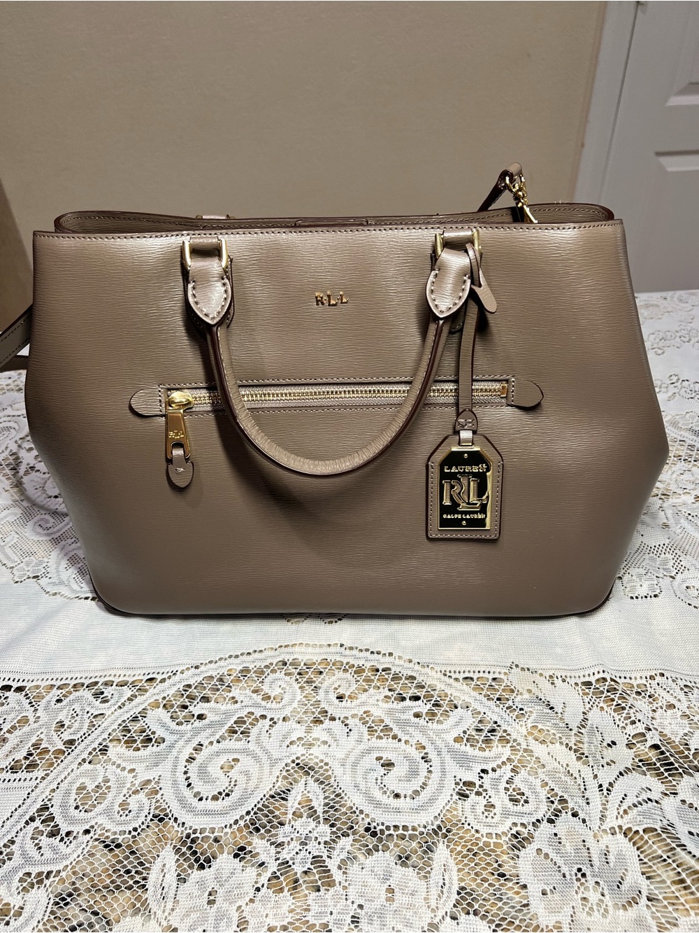Ralph Lauren Taupe Leather Structured Satchel with Gold Hardware nwot